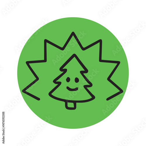 Green circle with a stylized Christmas tree, radiating sunburst effect