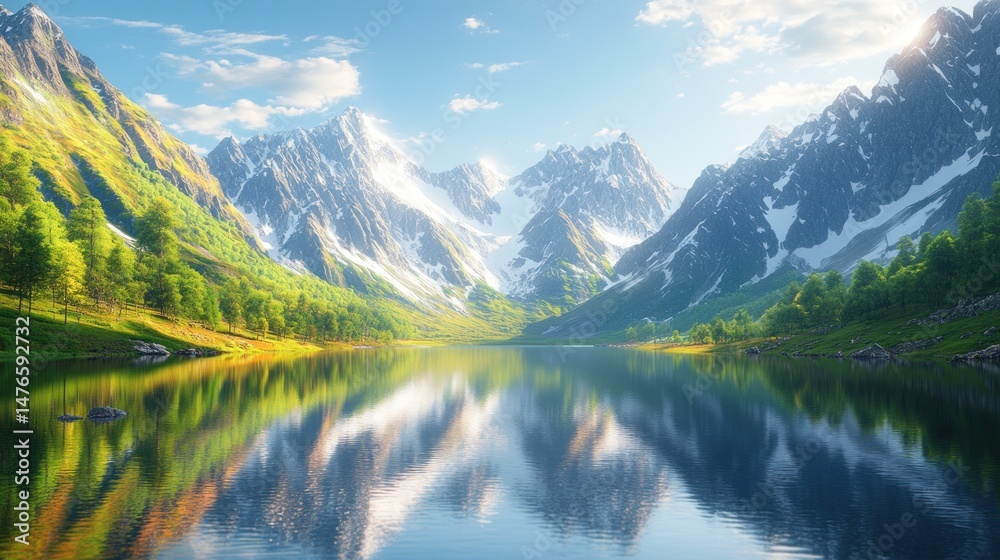 Serene mountain lake reflecting a vibrant sunrise. Lush greenery, snow-capped peaks, and a tranquil atmosphere Serene mountain lake reflecting a vibrant sunrise. Lush greenery, snow-capped peaks, and a tranquil atmosphere