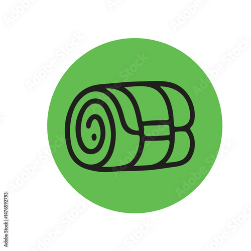 Rolled-up sleeping bag.  Simple line art of a rolled sleeping bag on a solid green circle