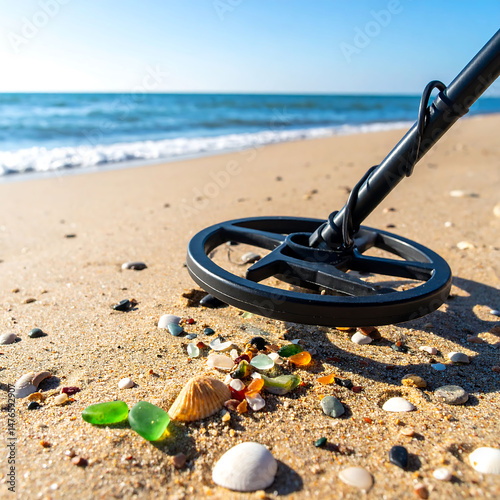 Beach treasure hunt. Metal detector on sand, sea glass, and shells gleam in the sun. Discovery, vacation, hobby, or adventure concepts. Bright, positive feel.