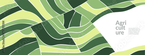 Aerial illustration of rural farmland with paddy wheat rice soy tea vineyard crops. Geometric pattern, abstract collage, green grassland. Modern eco-friendly design. Natural landscape and agriculture