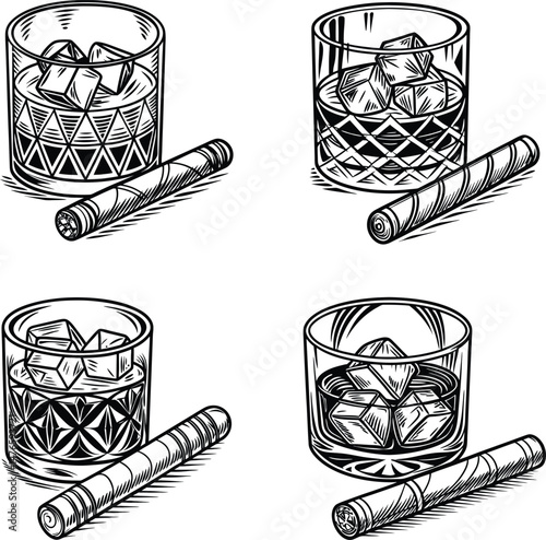 Classic hand-drawn whiskey with ice and cigars for premium beverage branding concept.