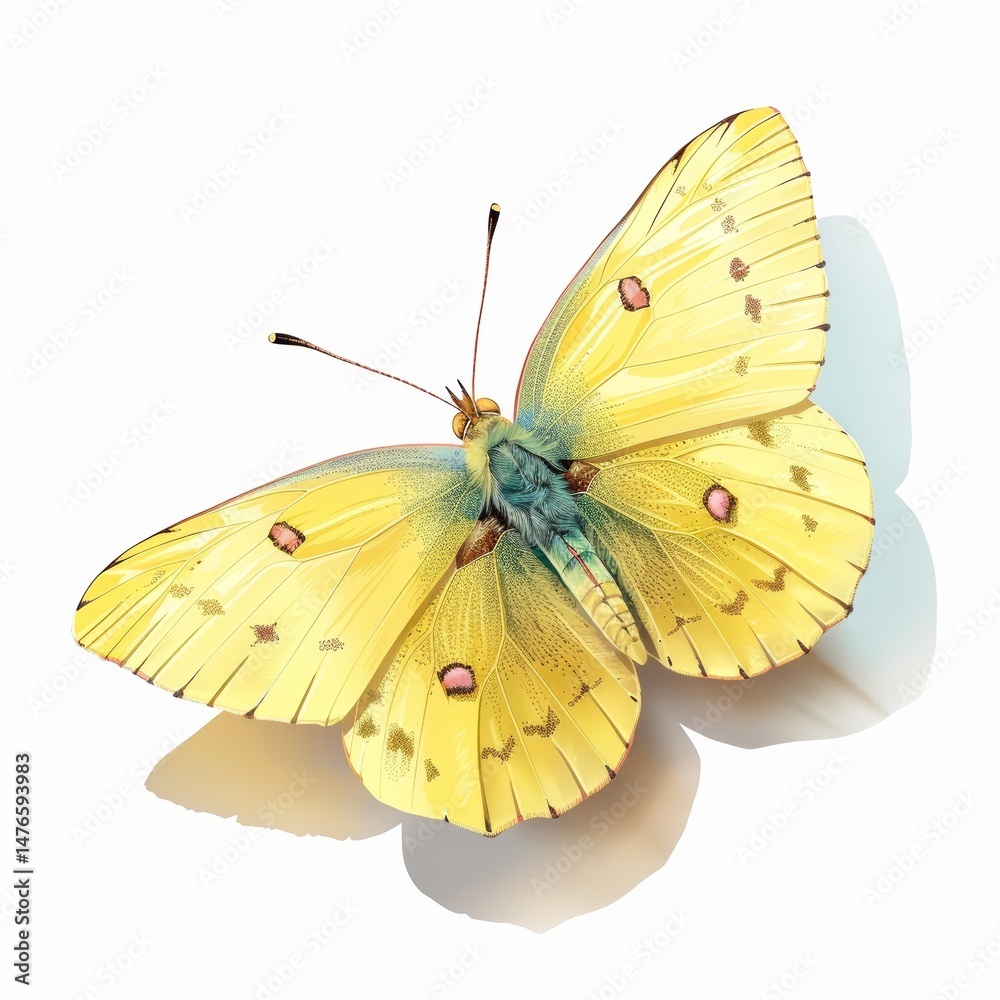 Fototapeta premium Bright Yellow Butterfly Isolated on White Background with Shadow