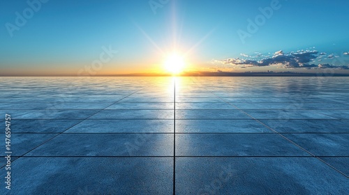 Sunburst above the ocean, smooth tile foreground