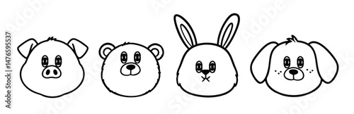 A set of four cute animal head illustrations with a lazy and playful vibe, featuring a pig, bear, rabbit, and dog. Perfect for stickers or adorable design projects.