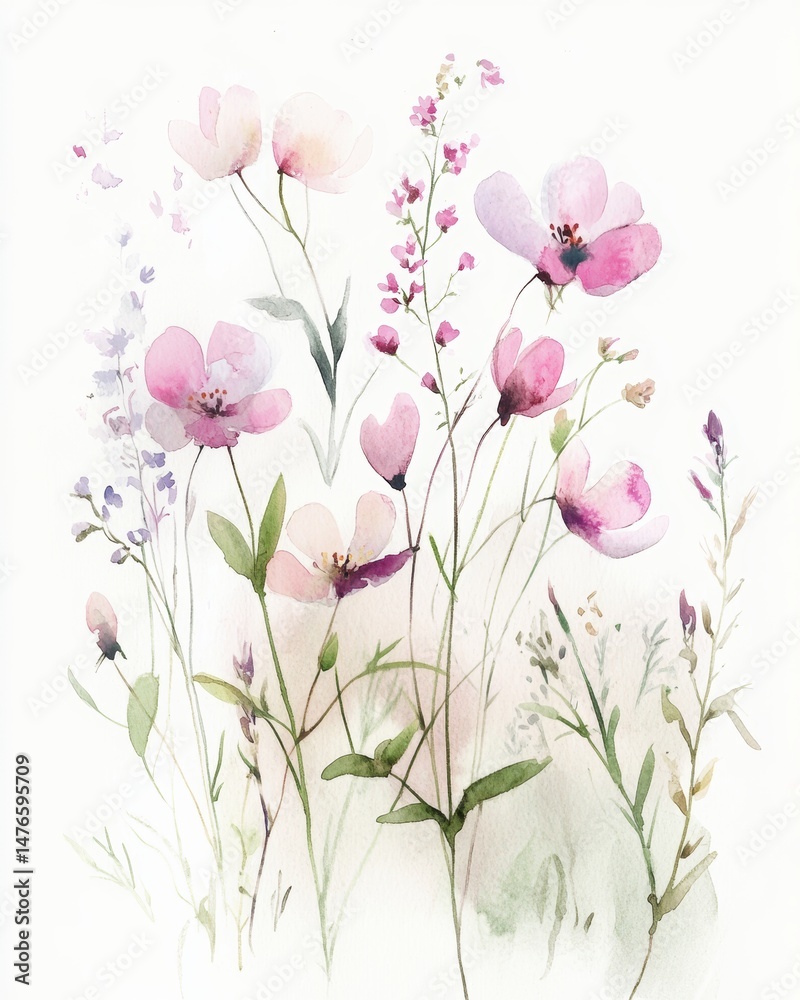 Naklejka premium Delicate Pink and Purple Floral Painting on White Background