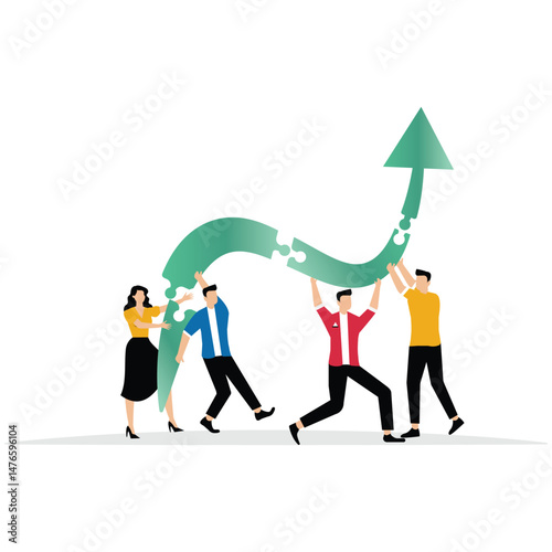 Businessman and woman teamwork help carry big growth rising up arrow graph goal and direction, support and partnership for career growth