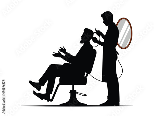 Silhouette of a hairdresser, black silhouette of a man cutting his hair