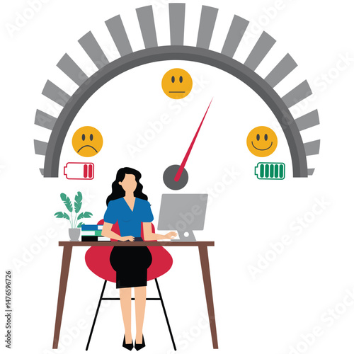 Businesswoman meditate at office desk with satisfaction rating work environment wellbeing, office quality happiness, career growth or workload