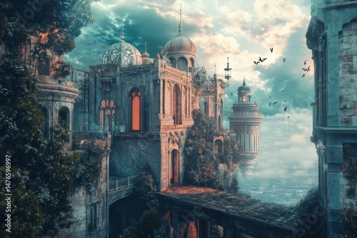 Plants are growing on an abandoned palace overlooking a misty city at dusk with flying bats