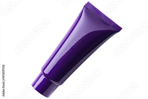 Purple Cream Package Template Isolated on White Background. Blank Cosmetics Tube. Beauty Product Mockup. Skincare, Facial mask, Toner. Front View Soft Shadow. Trendy Gold Colored Bottle. Spa Anti-age