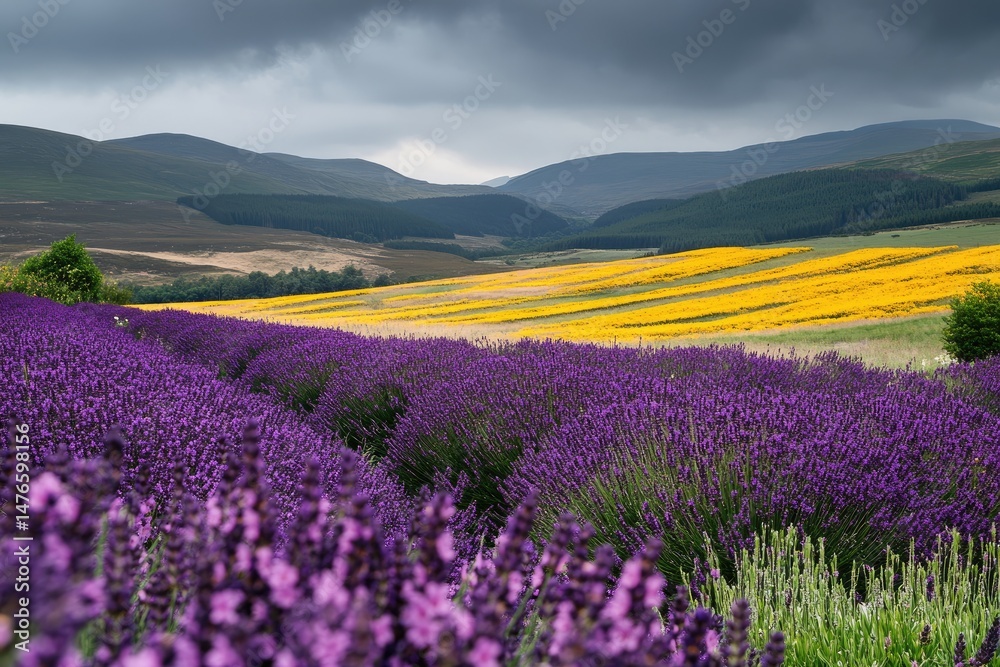 Fototapeta premium Purple lavender fields meet golden wildflowers, with distant hills