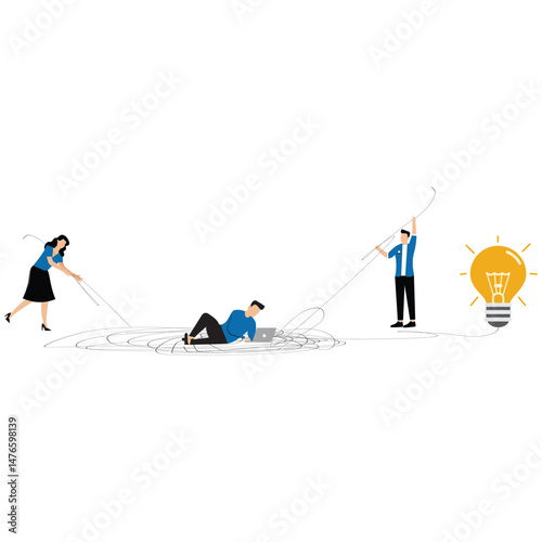 Discover easy way to understand concept,Team business Solve away from mess chaos line to simple lightbulb idea.Simplify idea to find solution