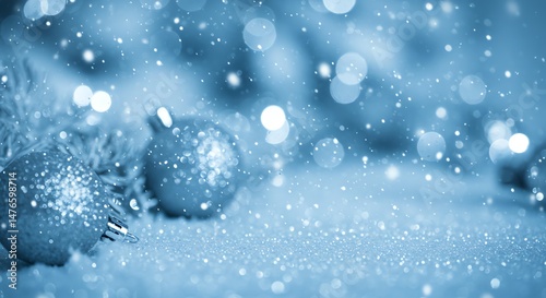 Christmas ornaments and snow in blue tone