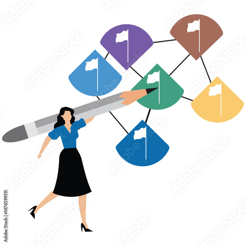 Workflow line or working process with achievement flag milestones.businesswoman project manager holding big pencil to check completed tasks in project management timeline
