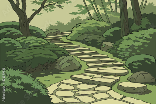 109 rock pathway, zen garden, cascading stepping stones, natural lighting, forest foliage, vibrant colors, geometric patterns, organic shapes, serene atmosphere
