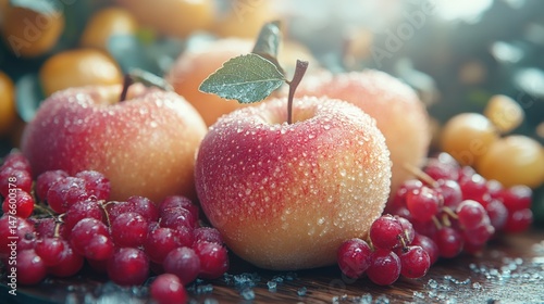 Fresh and vibrant apples with dew drops surrounded by berries and citrus fruits