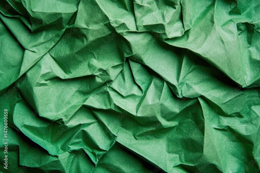 Obraz premium Close-up of crumpled, vibrant green paper. Textured surface with deep folds and creases