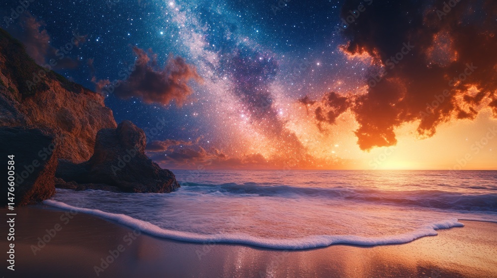 Fototapeta premium Cosmic beach sunset, starry night