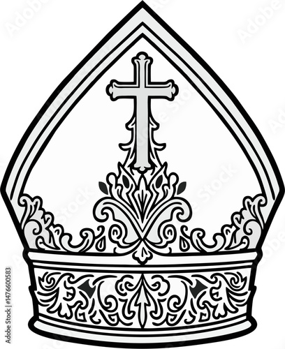 Intricate Black and White Vector Illustration of a Bishop Mitre with Cross and Baroque Ornament – Religious Clergy Hat Clipart Design