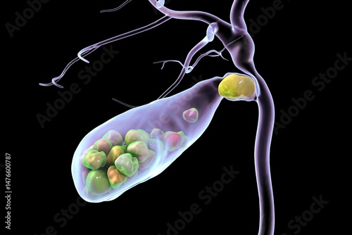 Gallbladder with stones, 3D illustration showing cholelithiasis. Gallstones can block bile flow and cause pain, inflammation, or infection requiring medical or surgical treatment.