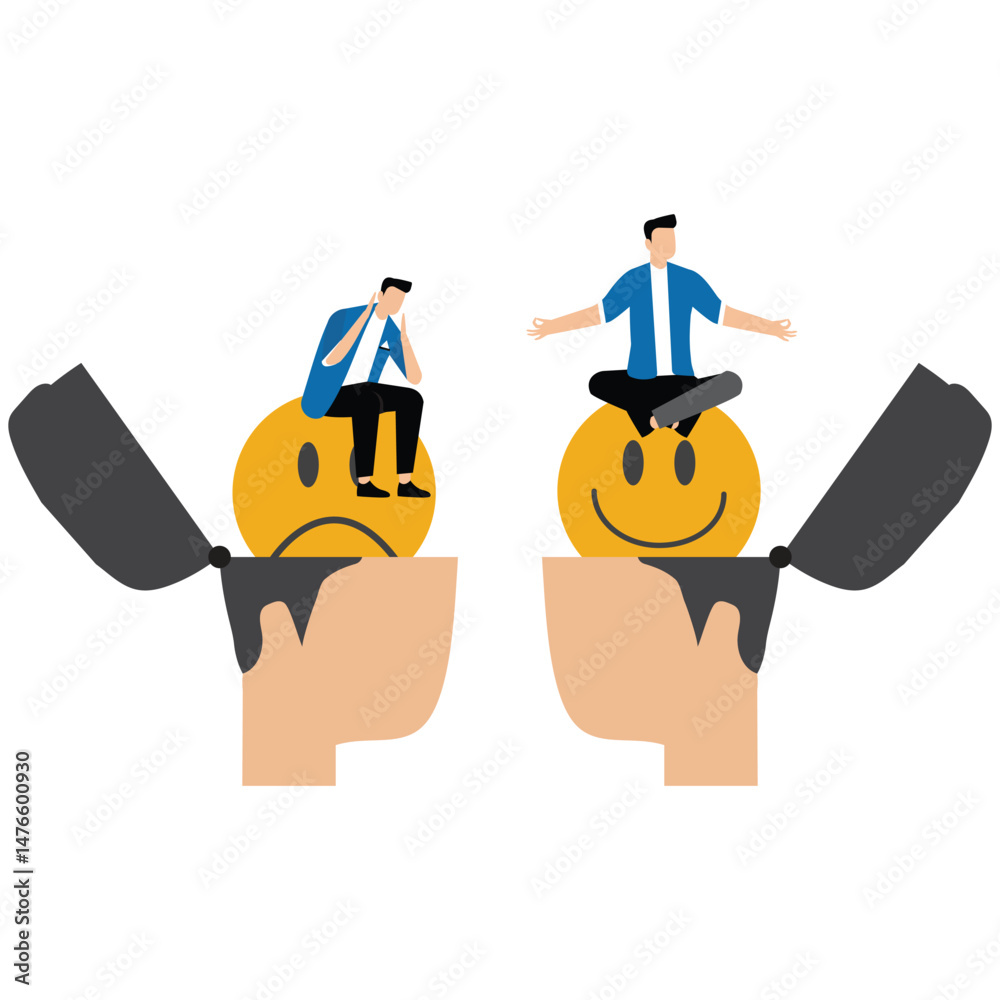 Fototapeta premium Difference positive and negative Business man meditating on head with the mood scale with sit Sad Stress on head emotion happy and sad faces