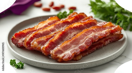 Sliced crispy bacon on a plate surrounded by fresh green herbs