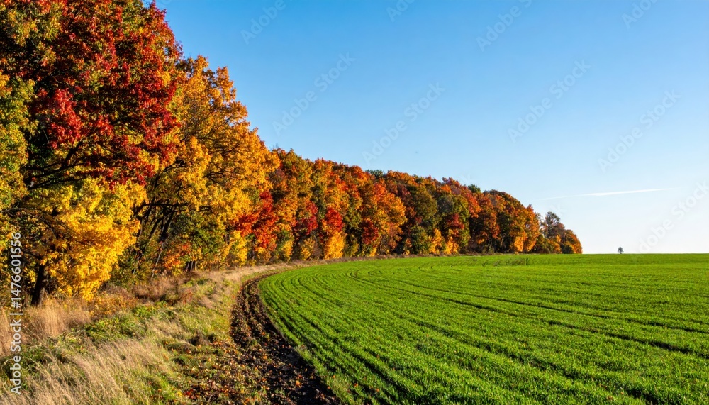 Fototapeta premium Autumn colors transforming landscape rural field nature photography clear sky serene environment seasonal change