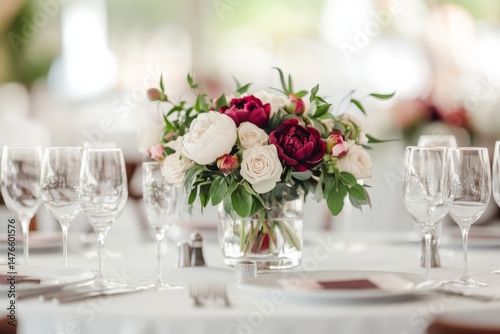 Beautiful floral arrangement adds a touch of elegance to a wedding reception table setting