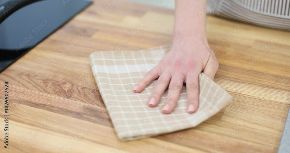 Woman hand wipes wooden kitchen worktop with checkered cloth at home. Housewife ensures cleanliness and hygiene in food cooking area slow motion Woman hand wipes wooden kitchen worktop with checkered cloth at home. Housewife ensures cleanliness and hygiene in food cooking area slow motion