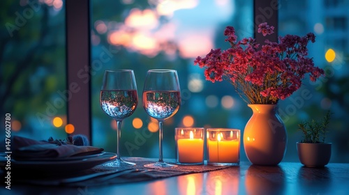 Elegant table setting with wine glasses and flowers at sunset