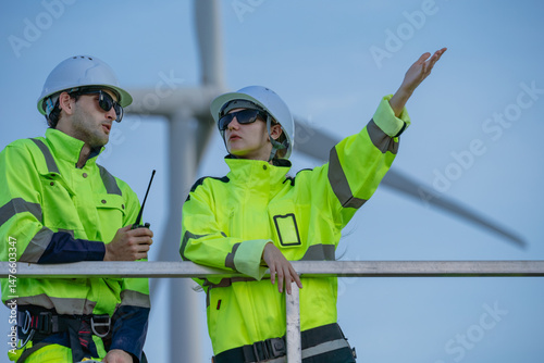 Maintenance engineer team standing at windmills at wind turbine farm. Group of people wear safety helmet and uniform working at alternative renewable energy wind station. Sustainable energy technology