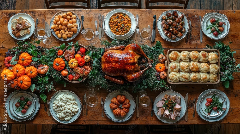 Fototapeta premium Overhead view of a rustic Thanksgiving feast on a long wooden table, featuring a roasted turkey, various side dishes, and autumnal decorations.