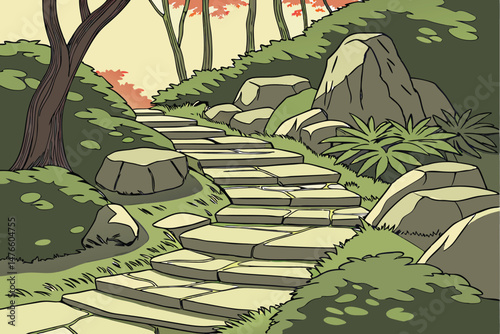 109 rock pathway, zen garden, cascading stepping stones, natural lighting, forest foliage, vibrant colors, geometric patterns, organic shapes, serene atmosphere