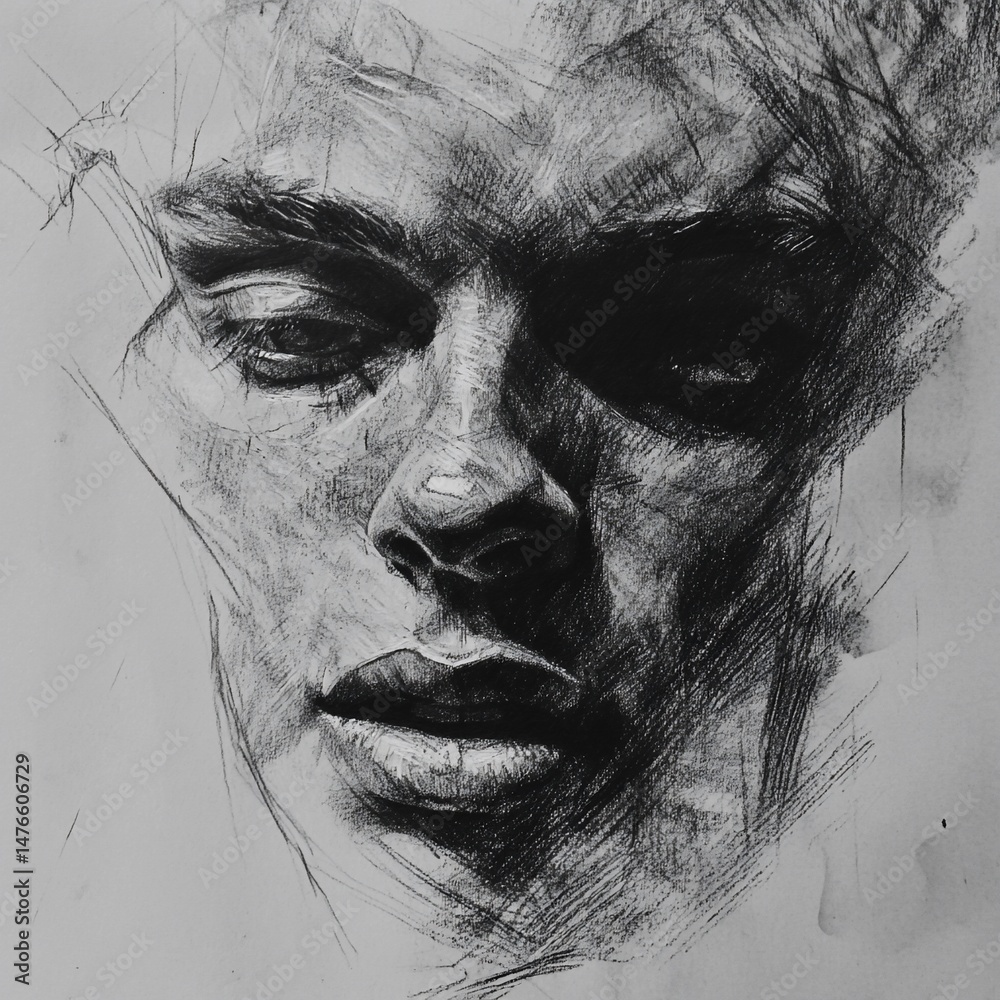 Obraz premium Intricate charcoal portrait of a pensive face