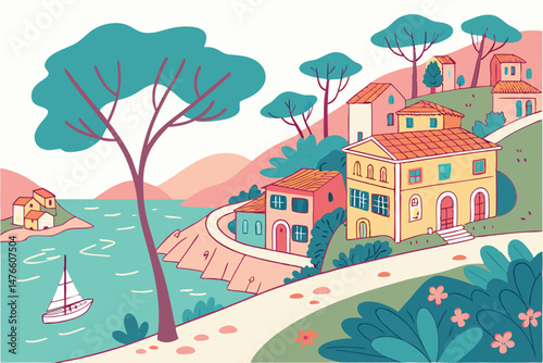 110 colorful whimsical Mediterranean town, vibrant houses, rolling hills, Mediterranean architecture, turquoise water, fluffy trees, playful and imaginative, digital art, 8k