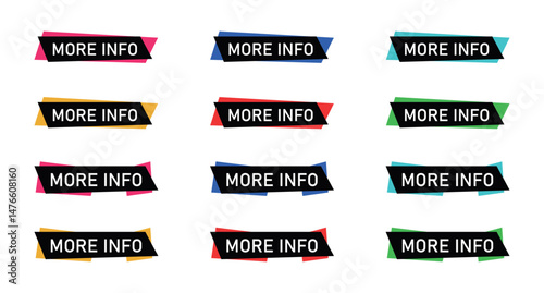 More Info Button Ribbon Set, Information Badge Graphics, Call to Action UI Elements, Web Banner Labels, Promotional Tag Icons, Clickable Ribbon Vector Pack, Modern Interface Design