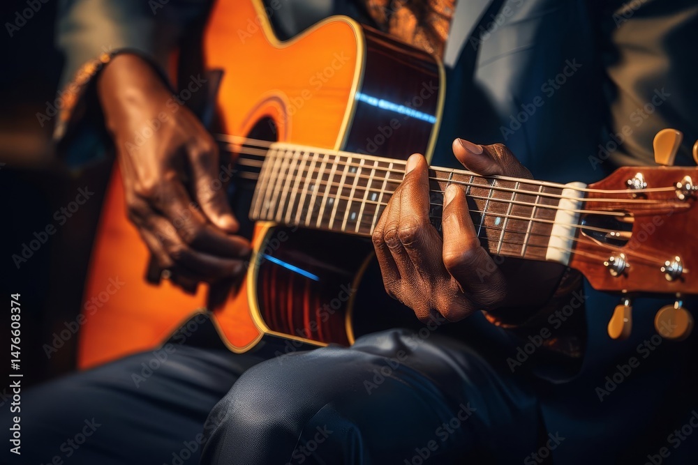 Fototapeta premium Close-up of a person playing an acoustic guitar. The guitar is orange and brown, with the musician's dark skin providing strong contrast.