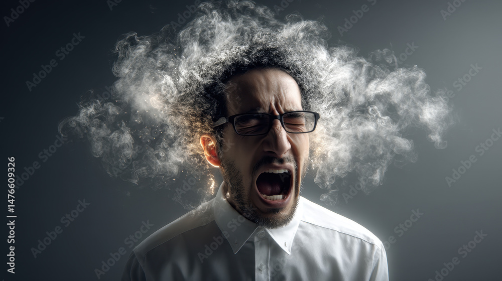 Fototapeta premium A man is screaming in a room with smoke and steam