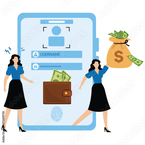 Cybercriminal ,Masked thief with stolen money runs out of the phone. Cyber attack, ,Hacked lock and bad antivirus