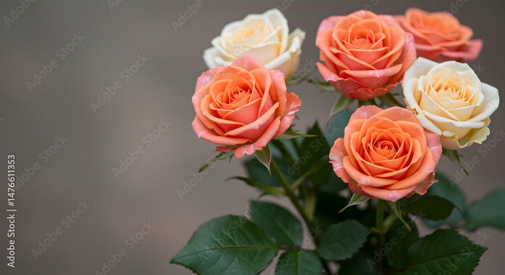Naklejka premium Beautiful Collection of Peach and White Roses on Neutral Background