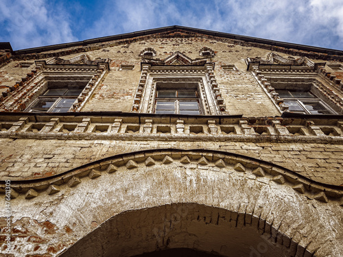 Facade of an old brick building in Russia