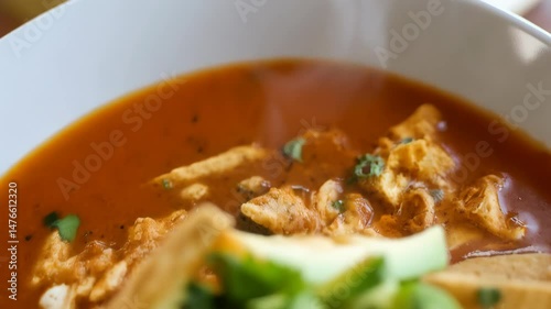 Close-up view of steaming tortilla soup bowl with avocado, cilantro, and crispy tortilla strips