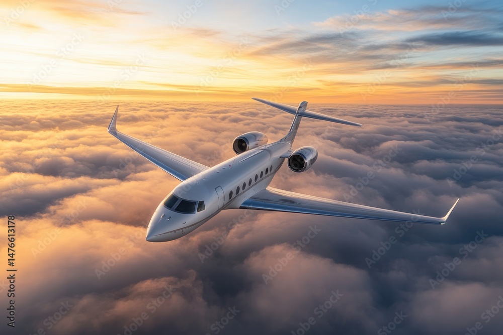 Fototapeta premium Luxurious private jet soaring above a breathtaking sunset