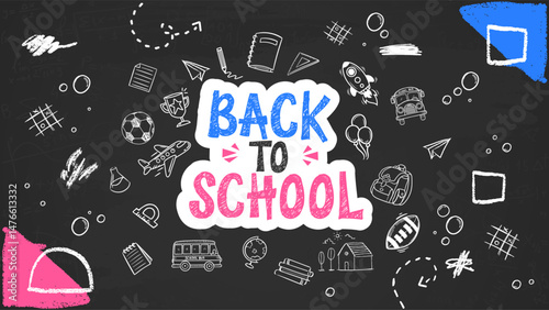 Back to School Chalkboard Illustration. Back to School background with black chalk board.	
