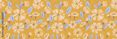Seamless floral pattern  hand drawn flowers with leaves on a mustard yellow background. Simple print design for textiles, wallpapers, and packaging with a delicate, spring-summer inspired aesthetic.