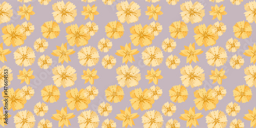 Abstract yellow floral seamless pattern. Vector Hand drawn stylized daisy flowers print. Contemporary ornament for designs, fabric, textiles