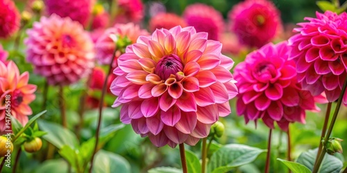 Vibrant bright pink dahlia flowers bloom in a lush garden surrounded by bronze-toned foliage and lush greenery, Garden Blooms, Summer Florals