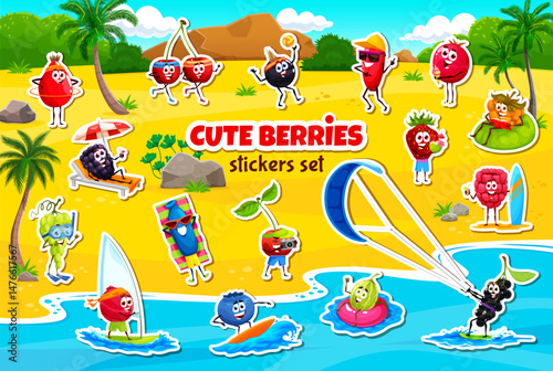 Cartoon berry characters stickers pack with cute fruits on summer beach vacation. Vector happy cherry, strawberry, cranberry and raspberry, honeyberry, blueberry and grapes berry fruits characters