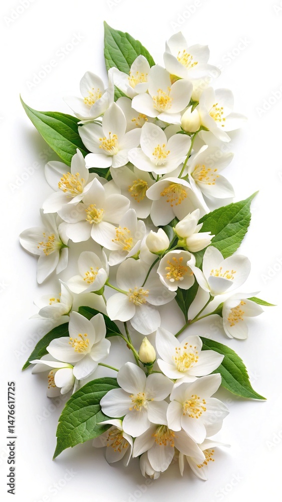 Fototapeta premium Elegant cascading arrangement of white jasmine blossoms with vibrant green leaves